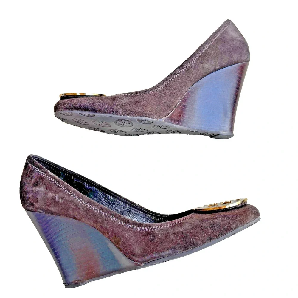 Tory Burch Brown Suede Pumps Wedge High Heels Round Logo Shoes Ladies US 9.5M